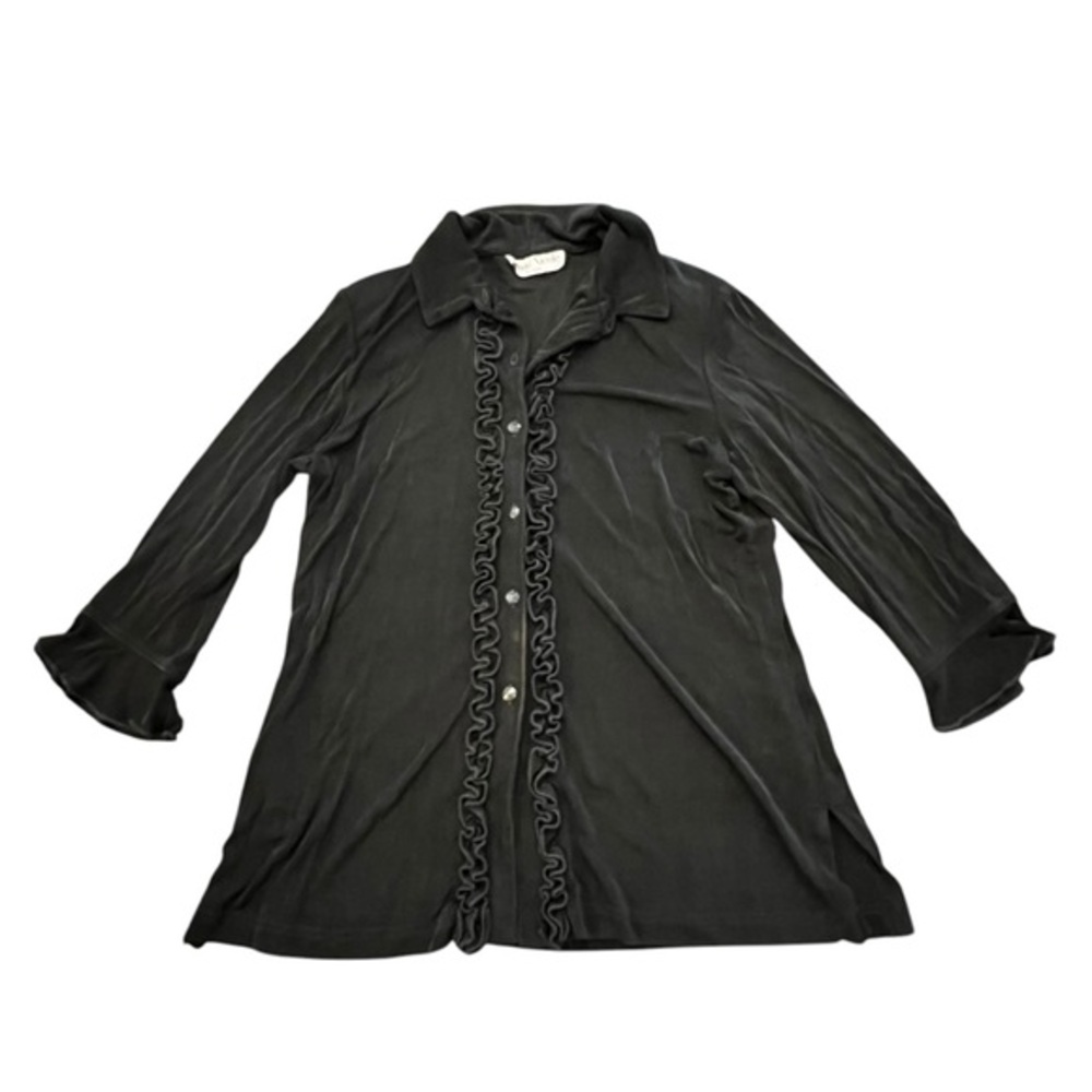 VTG Blackโ Frill Front Blouse Button Up Shirt Slinky Glam Mod Size Large Rayon